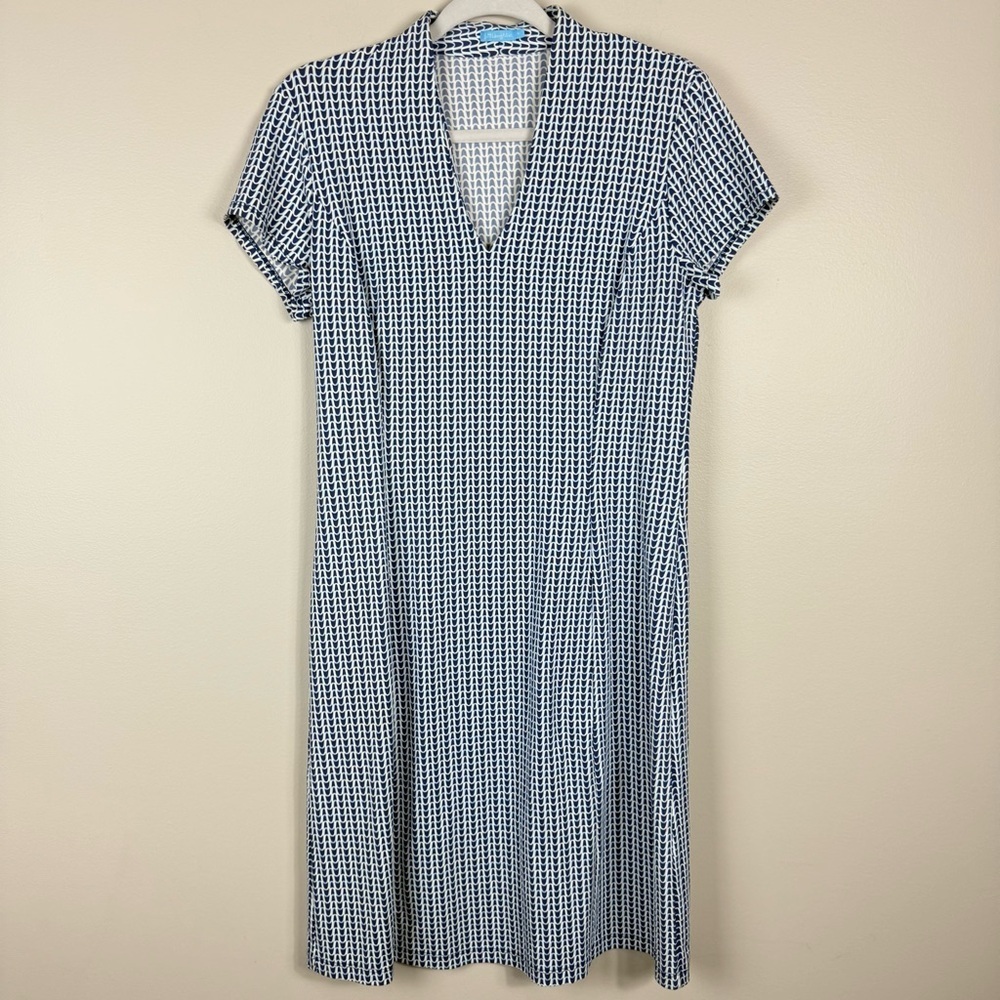 J. McLaughlin Dress Womens Medium Blue White Geometric Abstract Short Sleeve